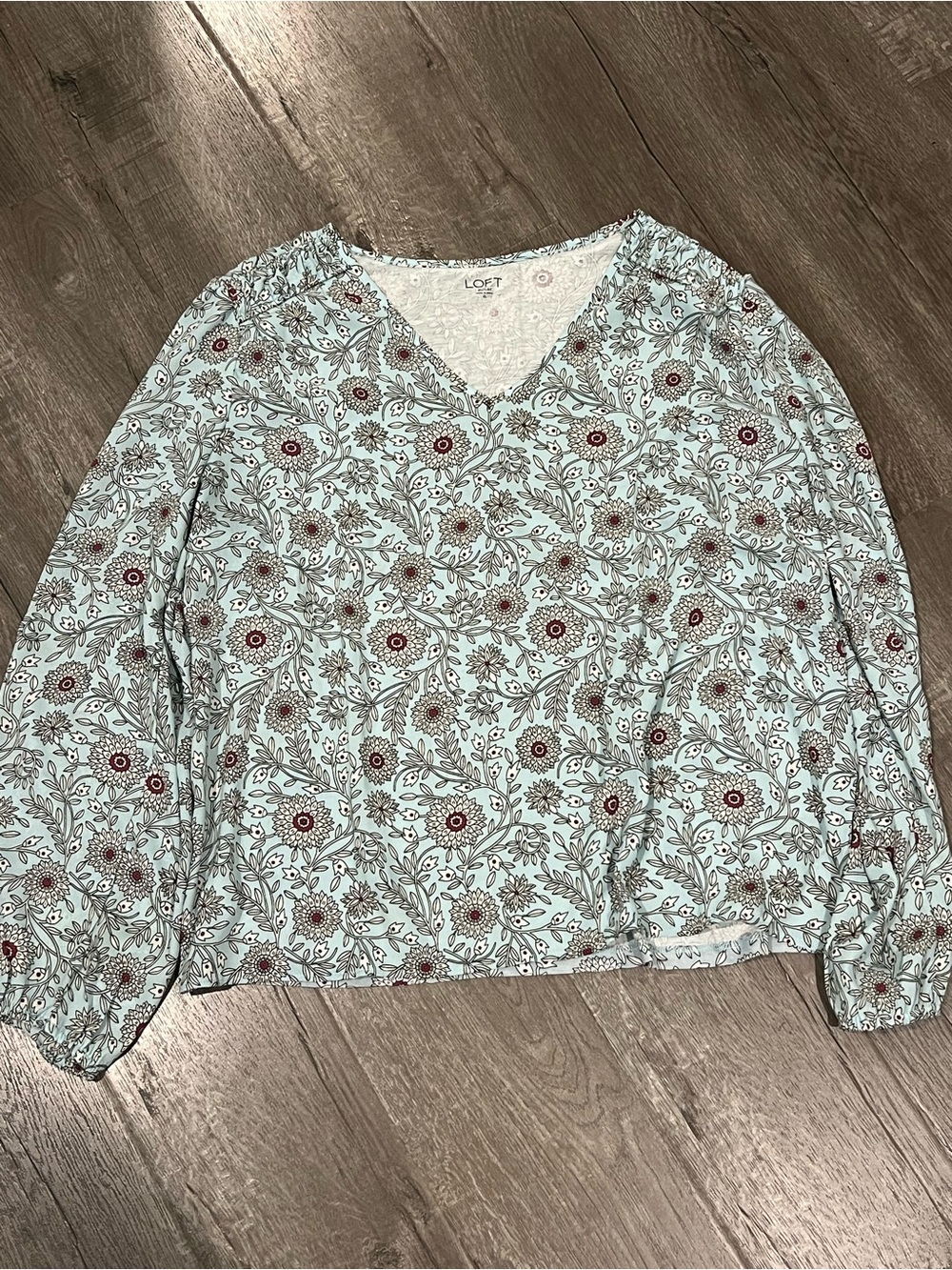 LOFT Mint Floral V-Neck Long Sleeve Blouse